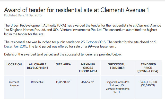 Clementi Ave 1 - Land Tender