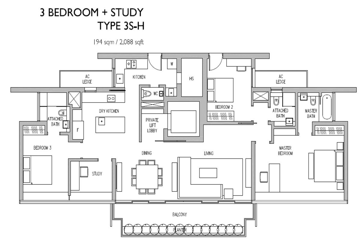 Leedon Residence - Floorplan - 3 Bedroom with study