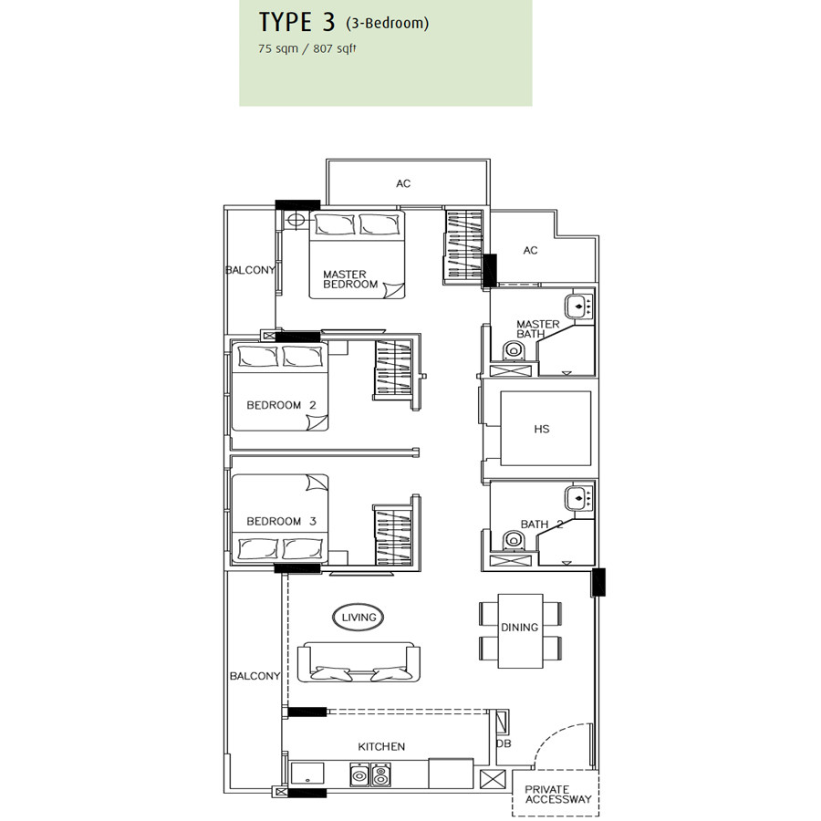 24 One Residences @ Pasir Panjang - Floorplan - 3 -Bedroom