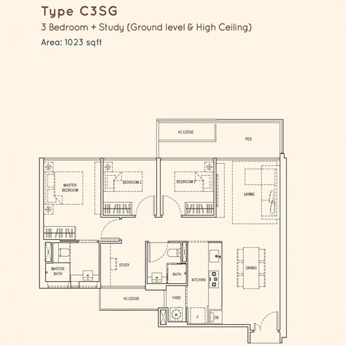 Kandis Residences - Floorplan - 3 Bedroom with Study