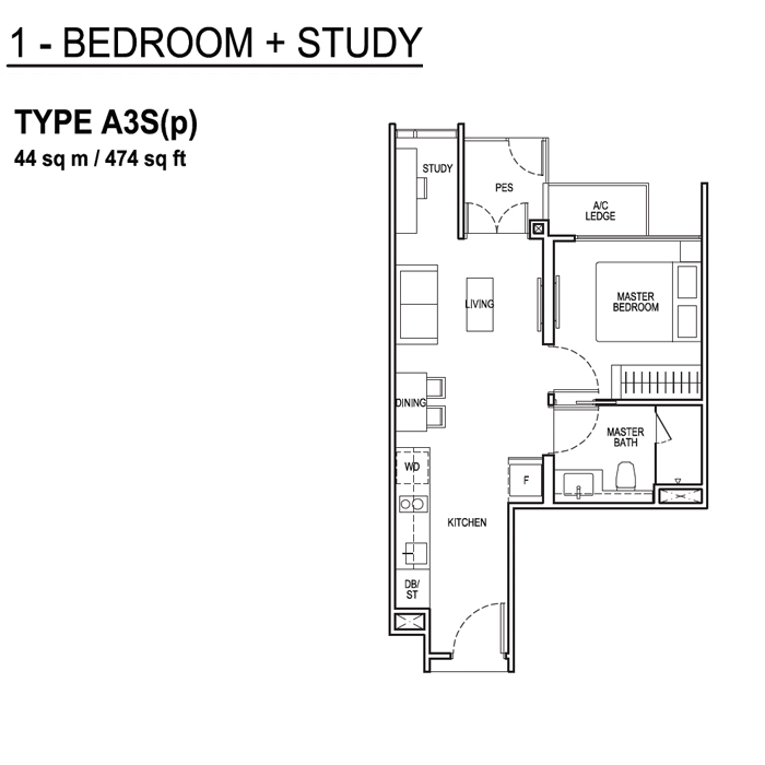 The Tapestry Tampines - Floorplans - 1 Bedroom with Study