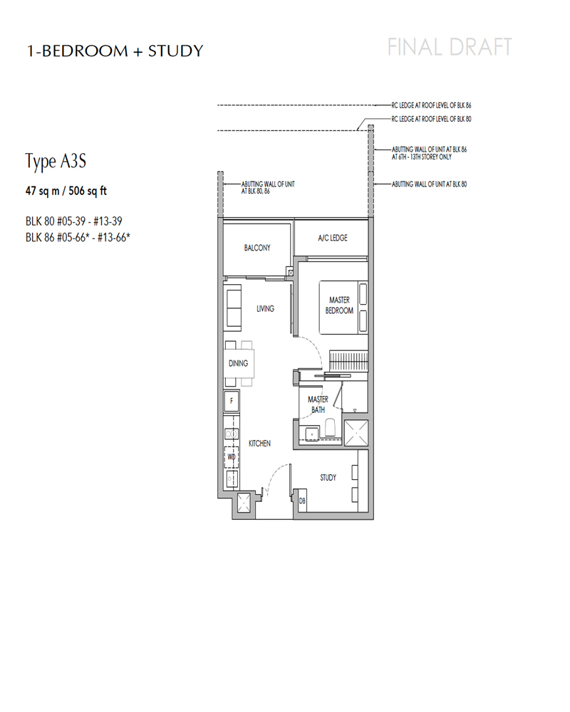 Sengkang Grand Residences - Floor Plan - 1 Bedroom with Study