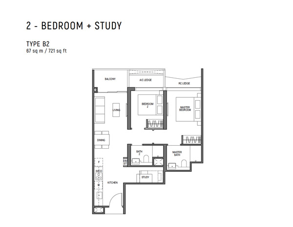 Blossoms By The Park - 2 Bedroom + Study Floor Plan